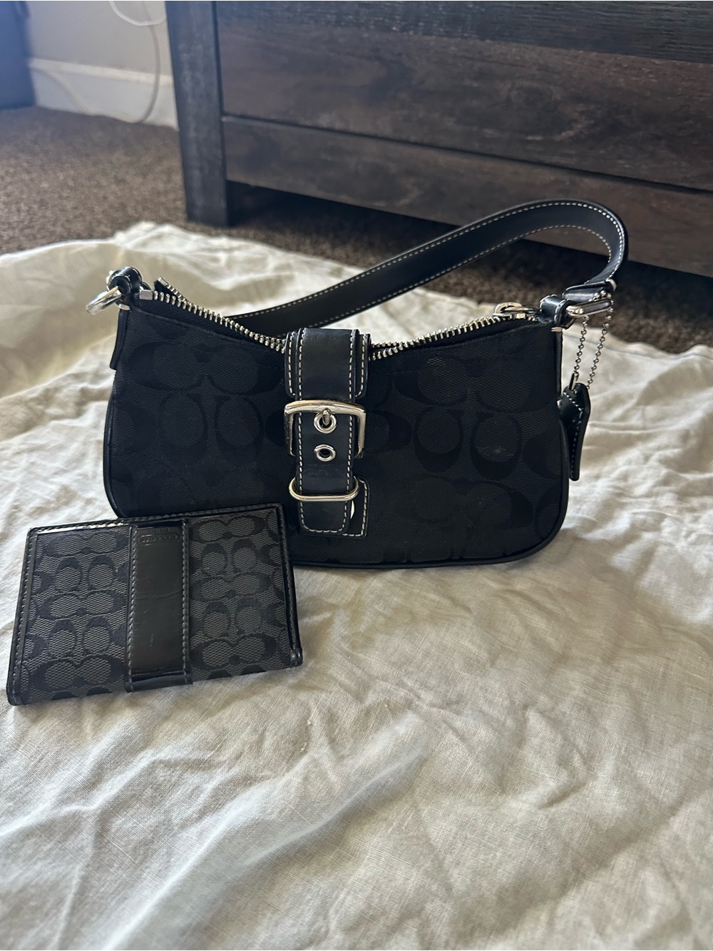 Coach Black Signature Mini Shoulder Bag with Matching Card Holder